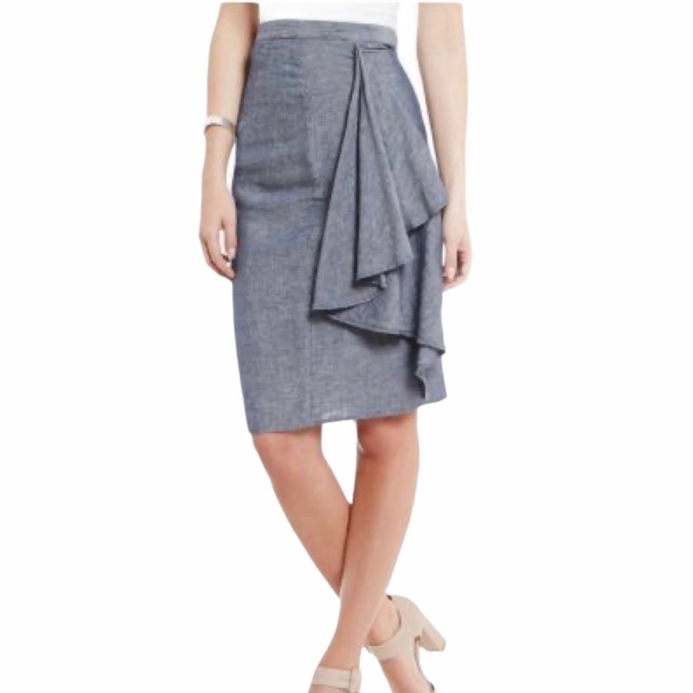 H by Halston NWT Linen Blend Cascade Ruffle Knee Length Pencil Skirt Chambray 2